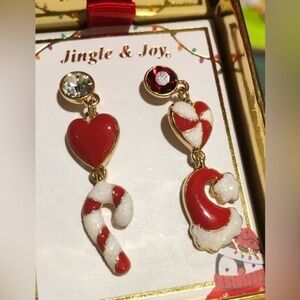 Red & white Christmas holiday festive mismatched candy cane & santa hat earrings